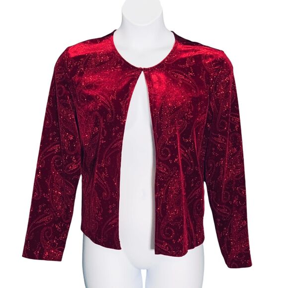 R&K Evening Cardigan & Tank Set Sz 14 Glittery Cocktail Party Stretch Red Velour - Picture 3 of 14